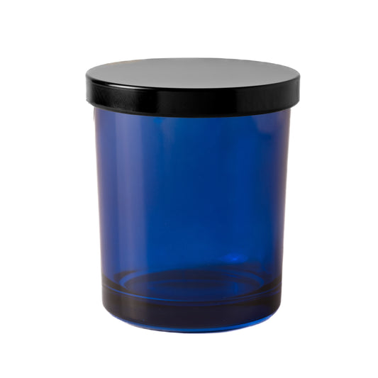 Translucent Electric Blue Glass Jar Black Lid 6.5 oz